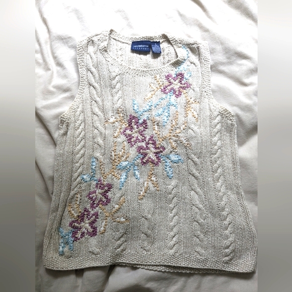 Liz Claiborne small knit sleeveless beige linen cotton sweater neutral floral - Picture 1 of 4